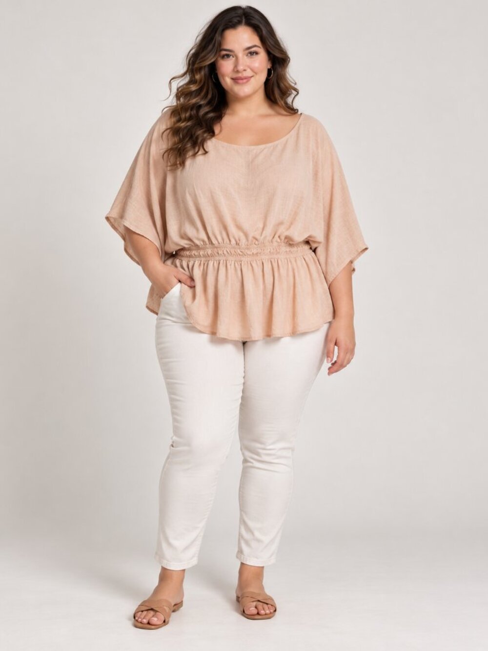 SHEIN Women's 2XL Beige Linen Blend Peplum Blouse Batwing Sleeve Boho Top